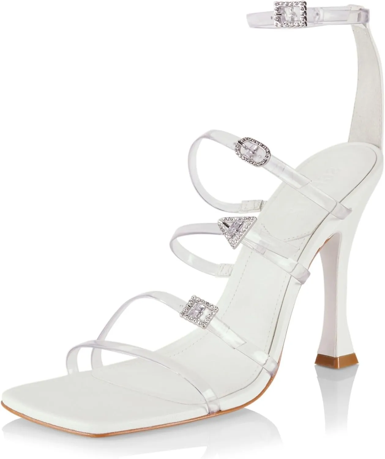 SCHUTZ Noelle White Crystal Detail Ankle Strap Open Toe Flared High Heel Sandals