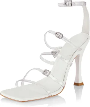 SCHUTZ Noelle White Crystal Detail Ankle Strap Open Toe Flared High Heel Sandals