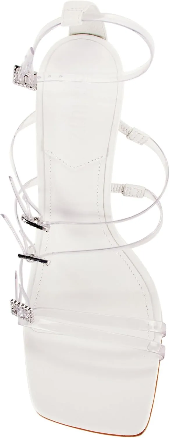 SCHUTZ Noelle White Crystal Detail Ankle Strap Open Toe Flared High Heel Sandals