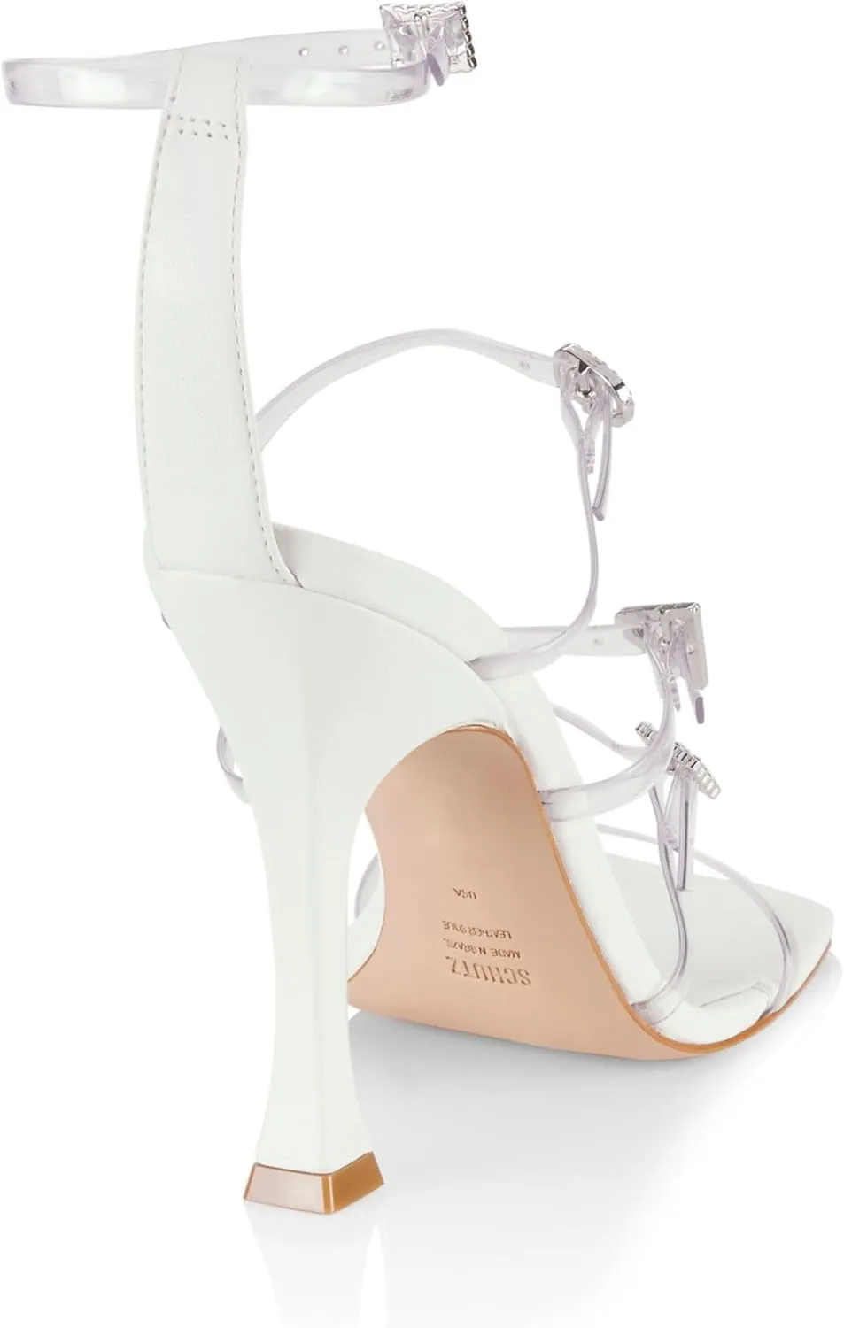 SCHUTZ Noelle White Crystal Detail Ankle Strap Open Toe Flared High Heel Sandals