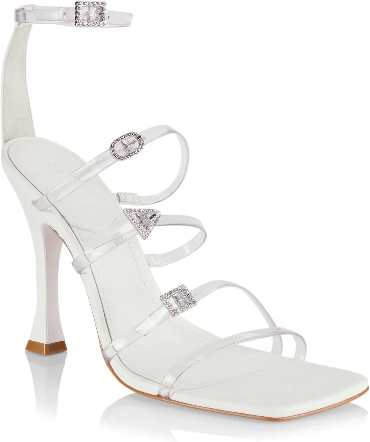 SCHUTZ Noelle White Crystal Detail Ankle Strap Open Toe Flared High Heel Sandals