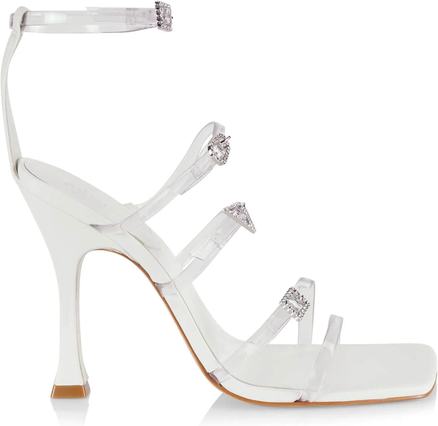 SCHUTZ Noelle White Crystal Detail Ankle Strap Open Toe Flared High Heel Sandals
