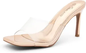 Shoe Land Melrose Women's High Heels Stiletto Heeled Slides, Square Open Toe One Band Slip-On Heeled Mules – Dressy Clear Heeled Sandals for Prom Party Wedding and Vacation