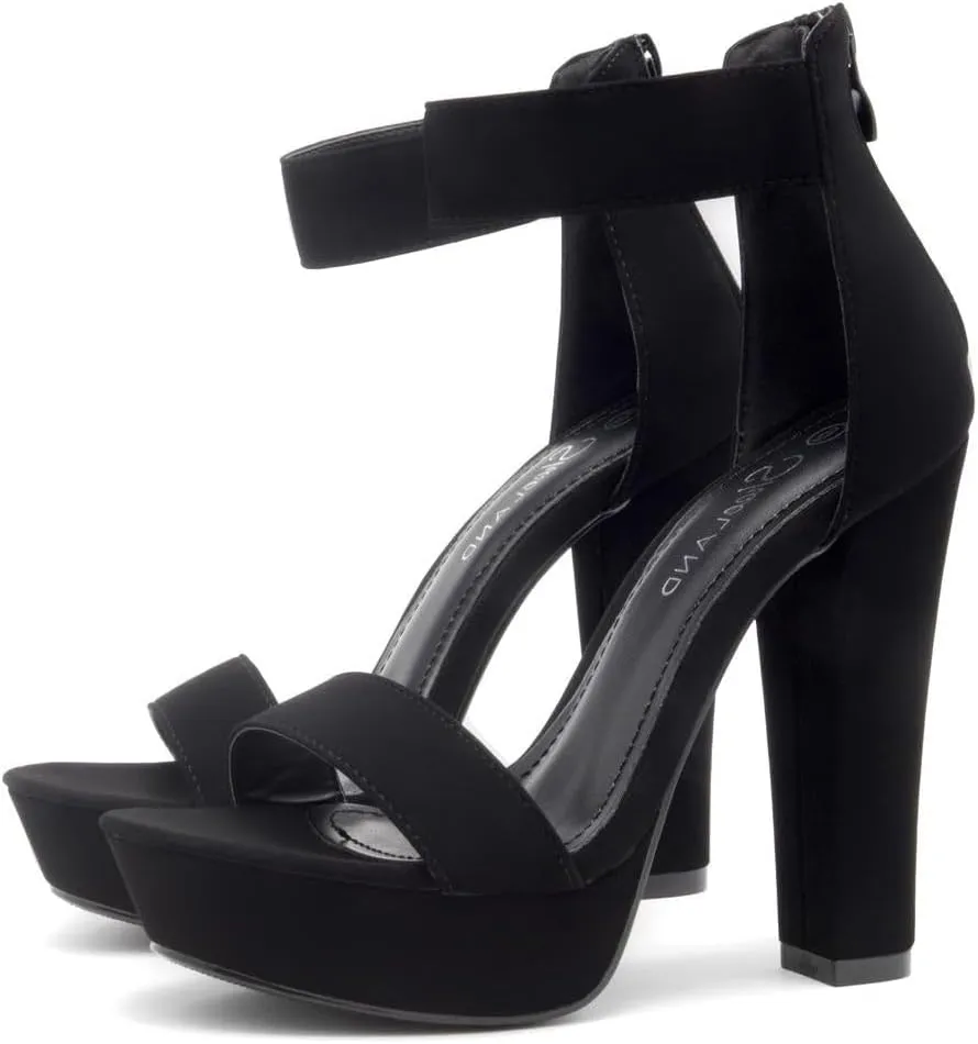Shoe Land SL-Cutesy Women's Platform Heels Chunky Block High Heeled Sandals Open Toe Ankle Strappy High Heels Black Red Chunky Platform Heels for Prom Wedding Party
