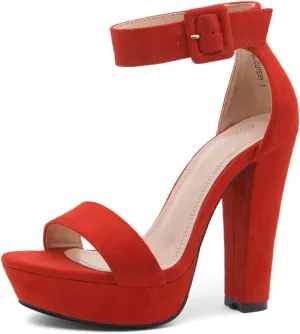 Shoe Land SL-Cutesy Women's Platform Heels Chunky Block High Heeled Sandals Open Toe Ankle Strappy High Heels Black Red Chunky Platform Heels for Prom Wedding Party