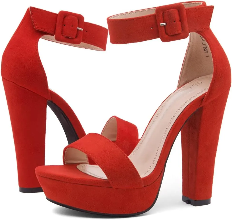 Shoe Land SL-Cutesy Women's Platform Heels Chunky Block High Heeled Sandals Open Toe Ankle Strappy High Heels Black Red Chunky Platform Heels for Prom Wedding Party