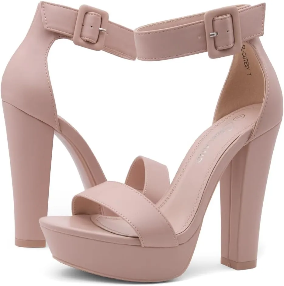 Shoe Land SL-Cutesy Women's Platform Heels Chunky Block High Heeled Sandals Open Toe Ankle Strappy High Heels Black Red Chunky Platform Heels for Prom Wedding Party