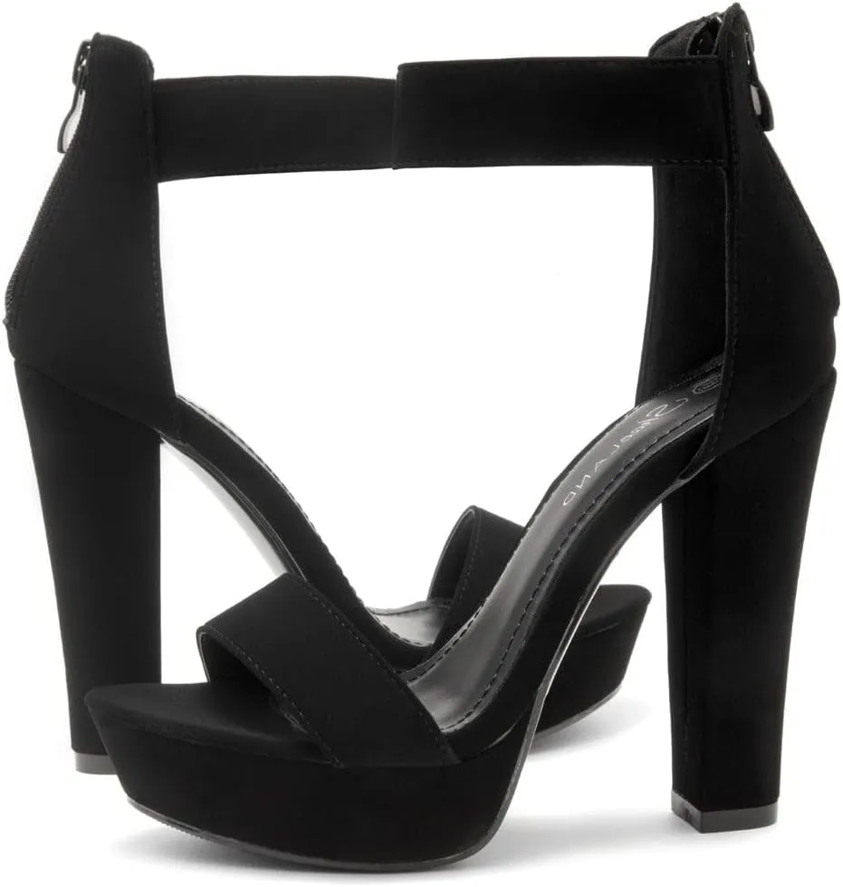 Shoe Land SL-Cutesy Women's Platform Heels Chunky Block High Heeled Sandals Open Toe Ankle Strappy High Heels Black Red Chunky Platform Heels for Prom Wedding Party