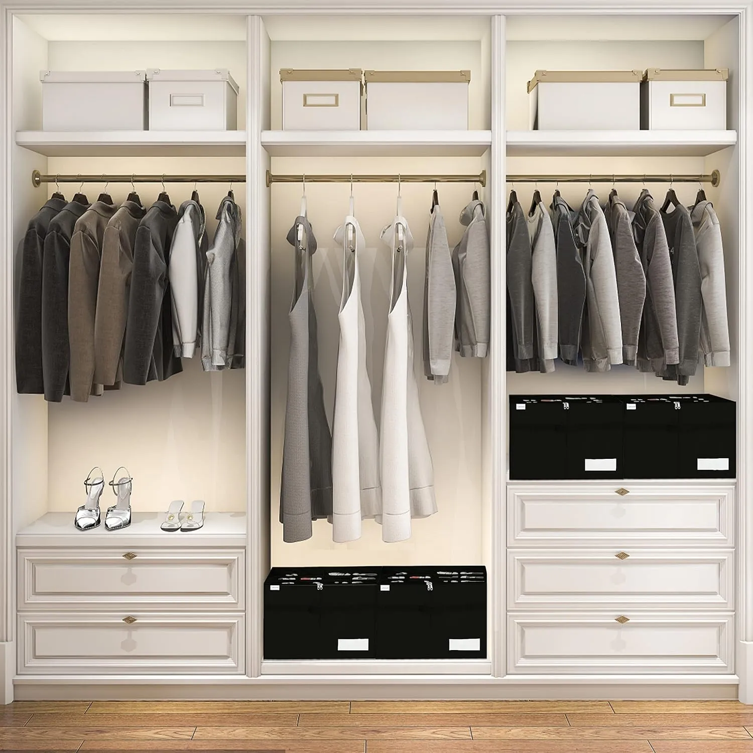 Shoe Storage Organizer, Fits 16 Pairs, Large Shoe Organizer Box for Closet, Clear Foldable Shoes Containers w/Bottom Support, Space Saving Shoe Cubby Storage Boxes w/Reinforced Handles, Black