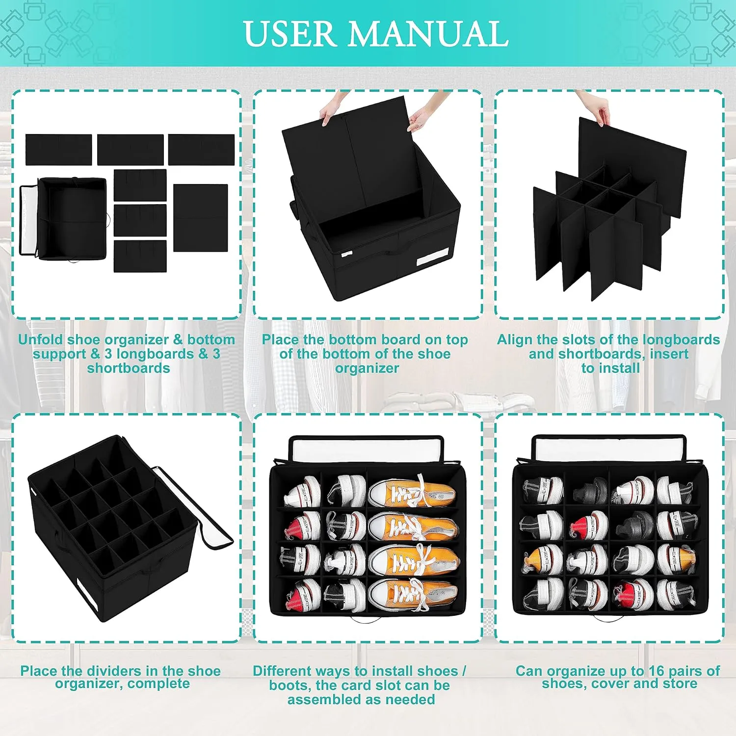 Shoe Storage Organizer, Fits 16 Pairs, Large Shoe Organizer Box for Closet, Clear Foldable Shoes Containers w/Bottom Support, Space Saving Shoe Cubby Storage Boxes w/Reinforced Handles, Black