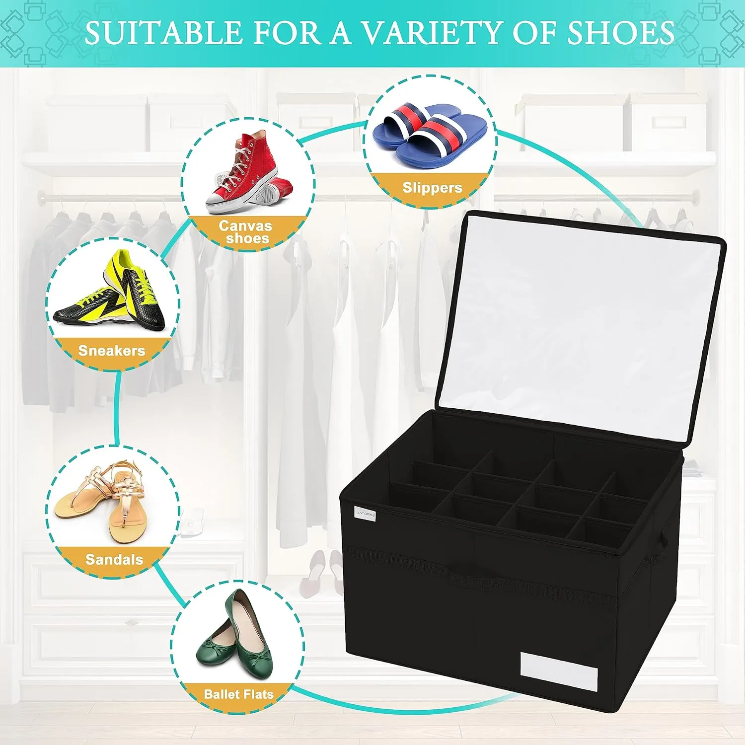 Shoe Storage Organizer, Fits 16 Pairs, Large Shoe Organizer Box for Closet, Clear Foldable Shoes Containers w/Bottom Support, Space Saving Shoe Cubby Storage Boxes w/Reinforced Handles, Black
