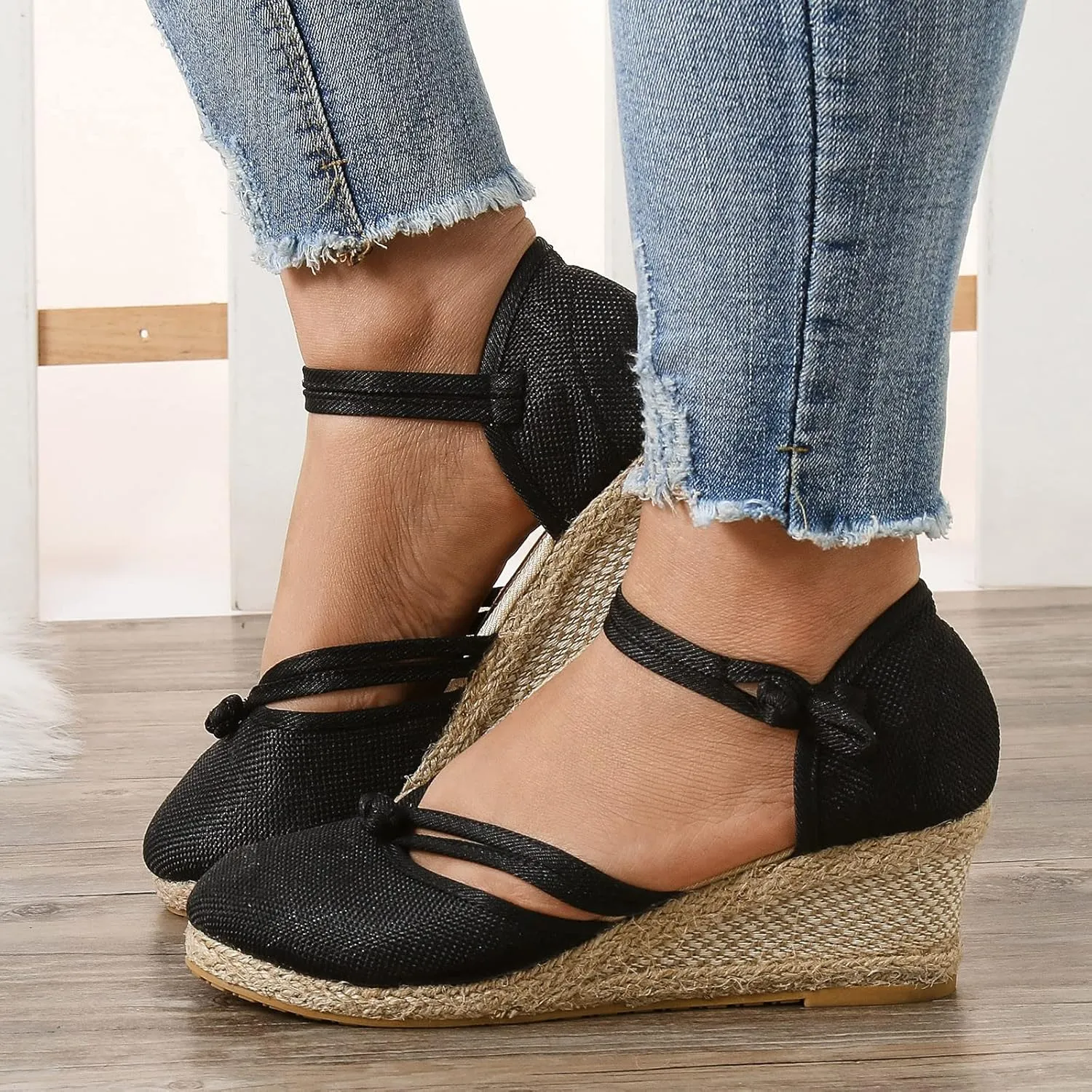 Slide Spring Wedge Sandals for Women Dressy Covered Toe Summer Straw Ladies Trendy Cover Heel 2024 Buckle Work Office