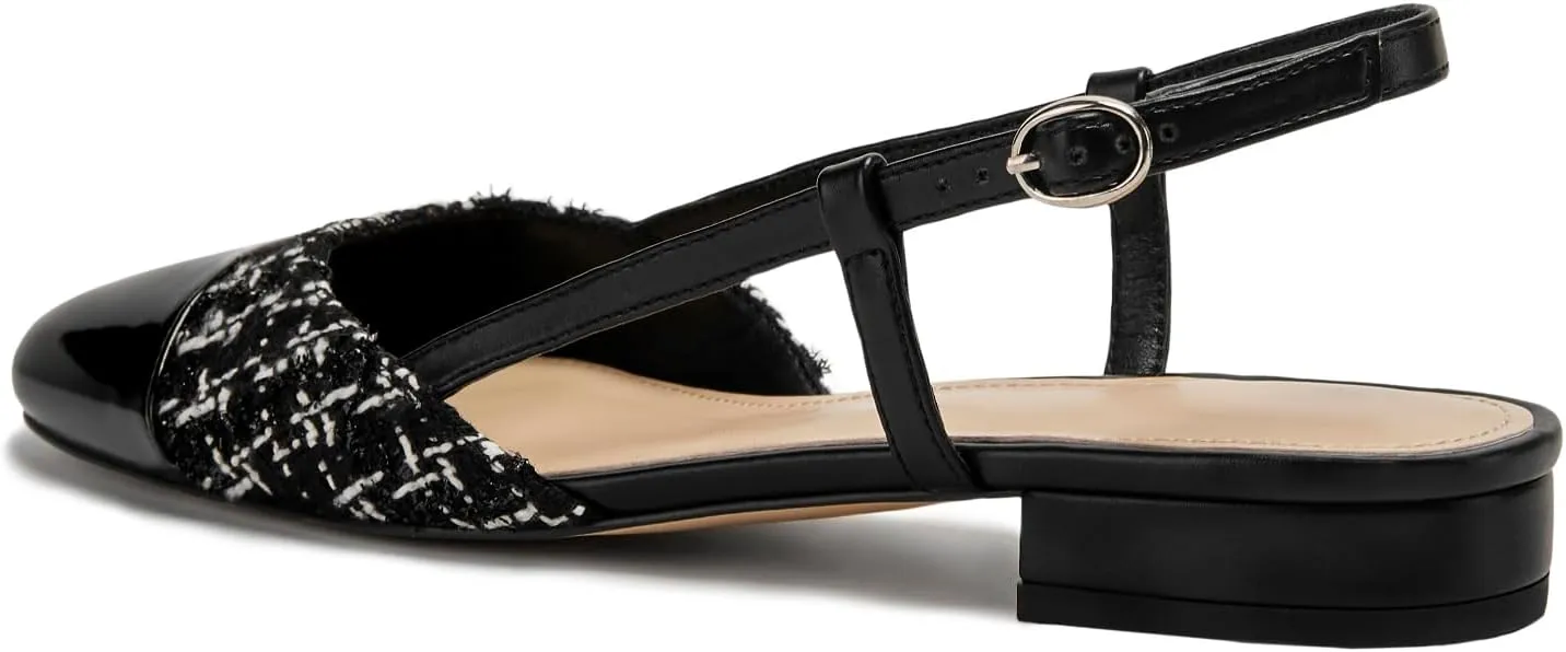 Slingback Flats for Women Two Toned Double Strap Block Low Heel Flats Classic Womens Sandals Comfortable Dressy