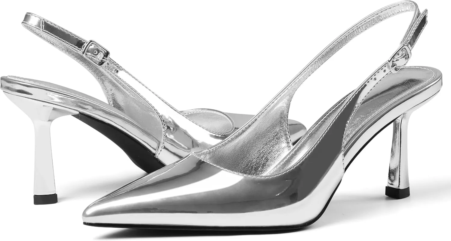 Slingback Heels for Women Closed Pointed Toe Kitten Stiletto Heels with Buckle Comfortable Womens Pumps Casual Dress Shoes