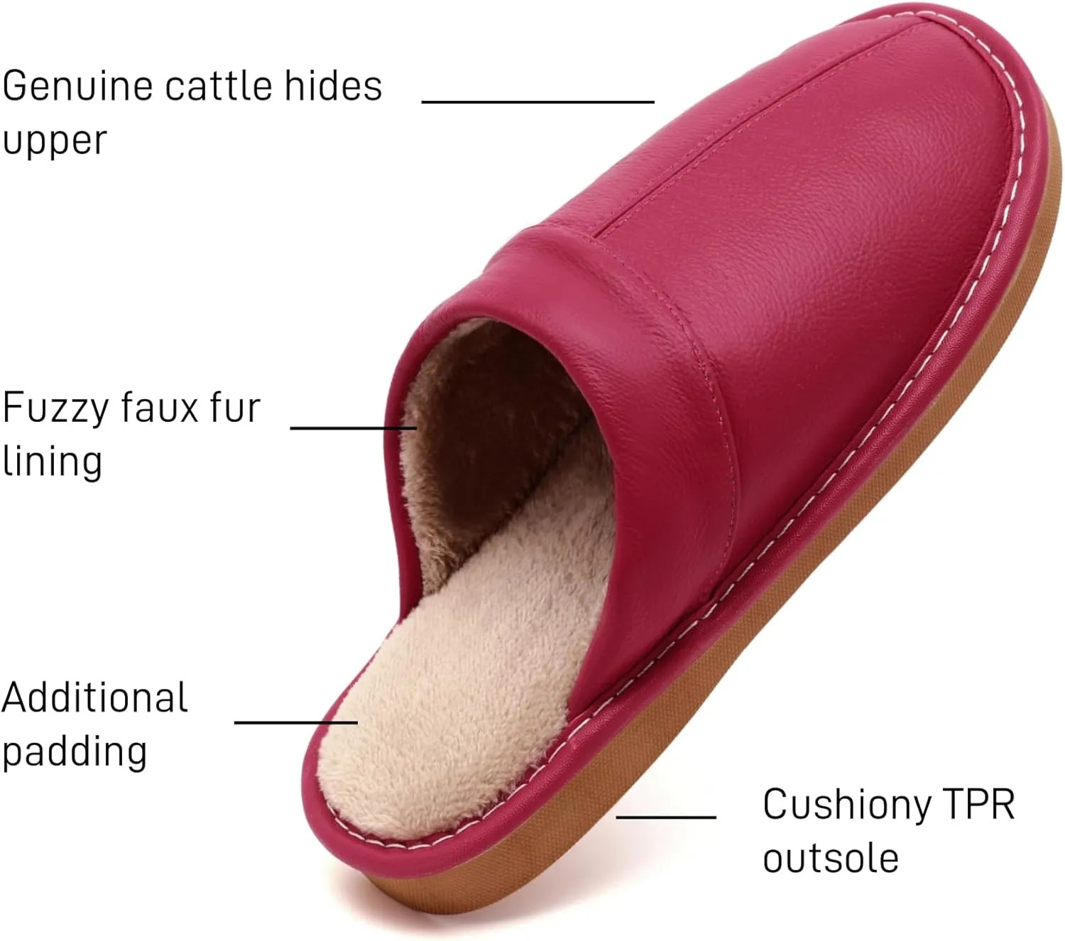 Slippers for Women Men, Genuine Leather Slippers Indoor Outdoor, Fuzzy Bedroom House Shoes for Women Men, Plush Lining Womens Sandals Slip-on