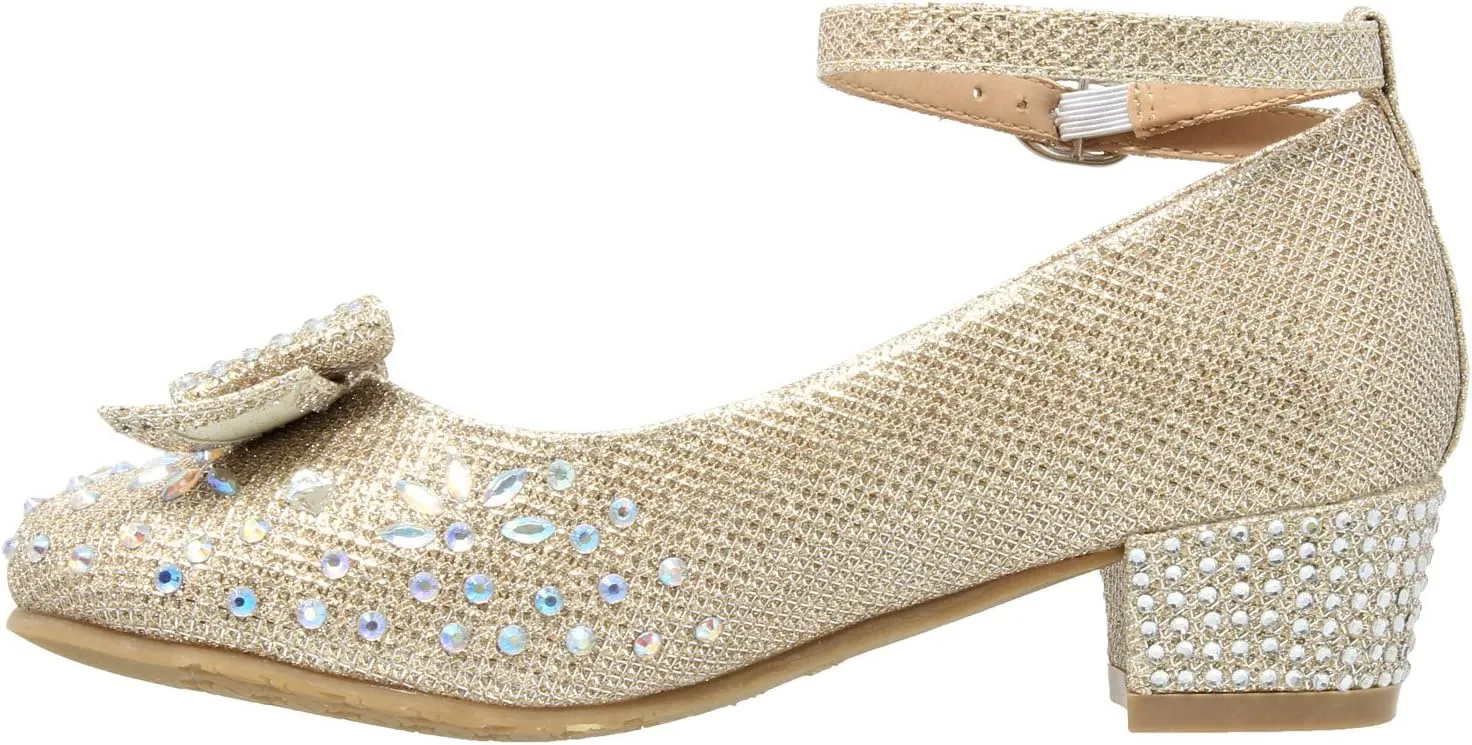 SOBEYO Girl's Dress Shoes Glitter Rhinestone Bow Accent Mary Jane Kids Pumps