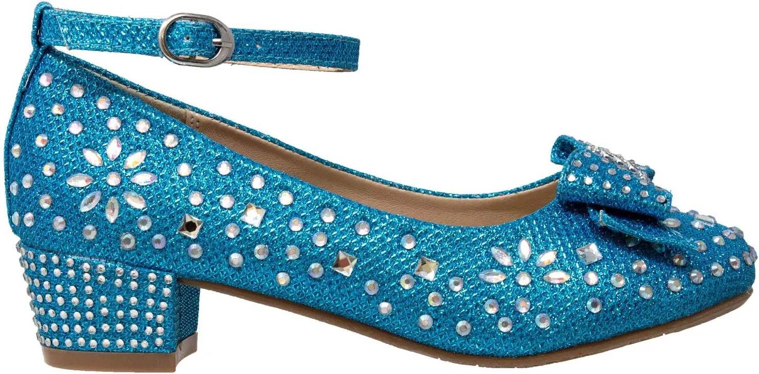 SOBEYO Girl's Dress Shoes Glitter Rhinestone Bow Accent Mary Jane Kids Pumps