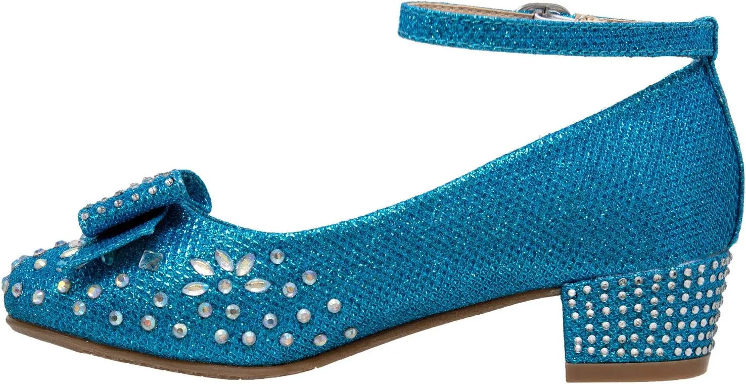 SOBEYO Girl's Dress Shoes Glitter Rhinestone Bow Accent Mary Jane Kids Pumps