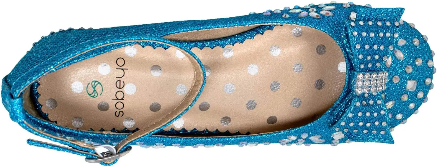 SOBEYO Girl's Dress Shoes Glitter Rhinestone Bow Accent Mary Jane Kids Pumps