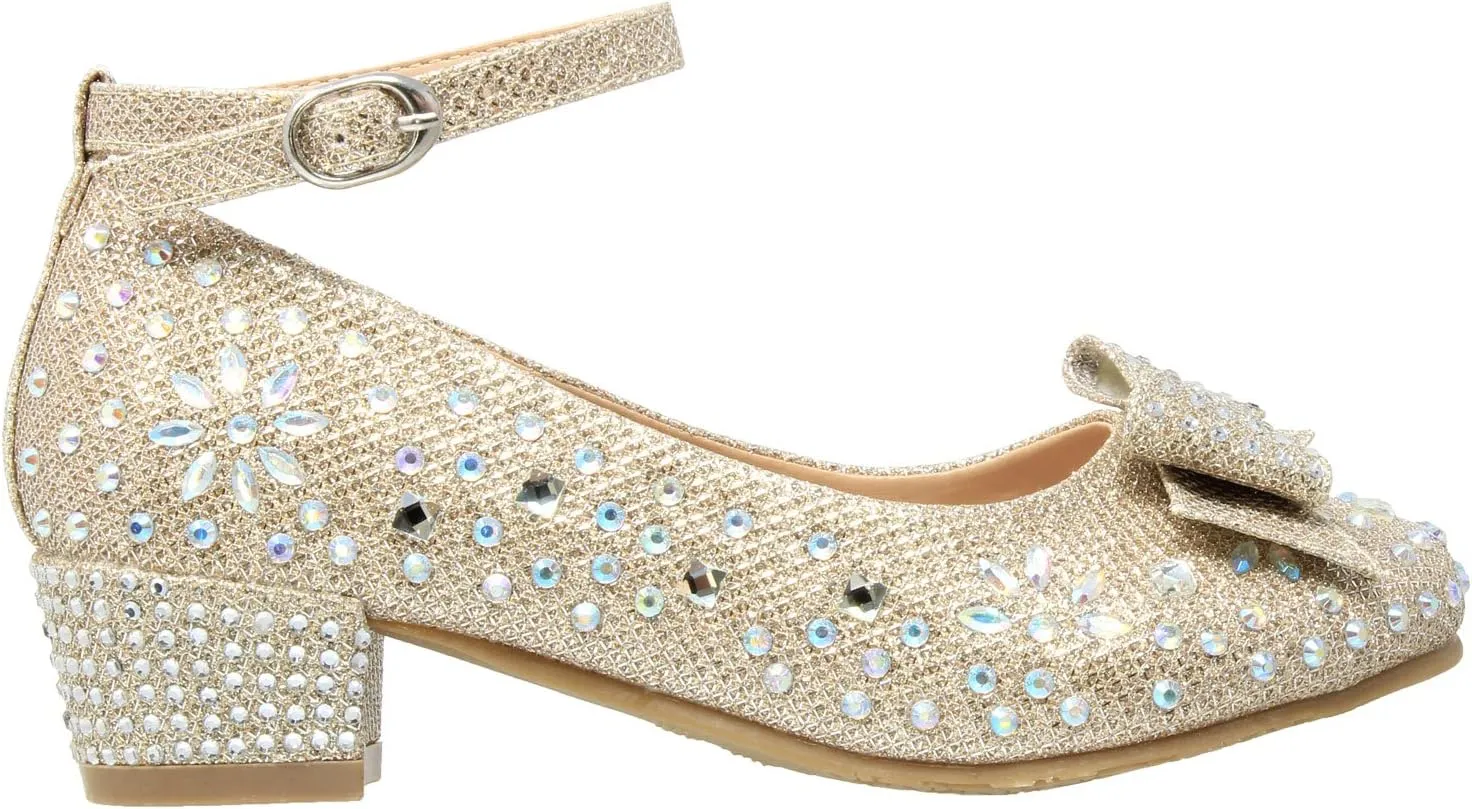 SOBEYO Girl's Dress Shoes Glitter Rhinestone Bow Accent Mary Jane Kids Pumps