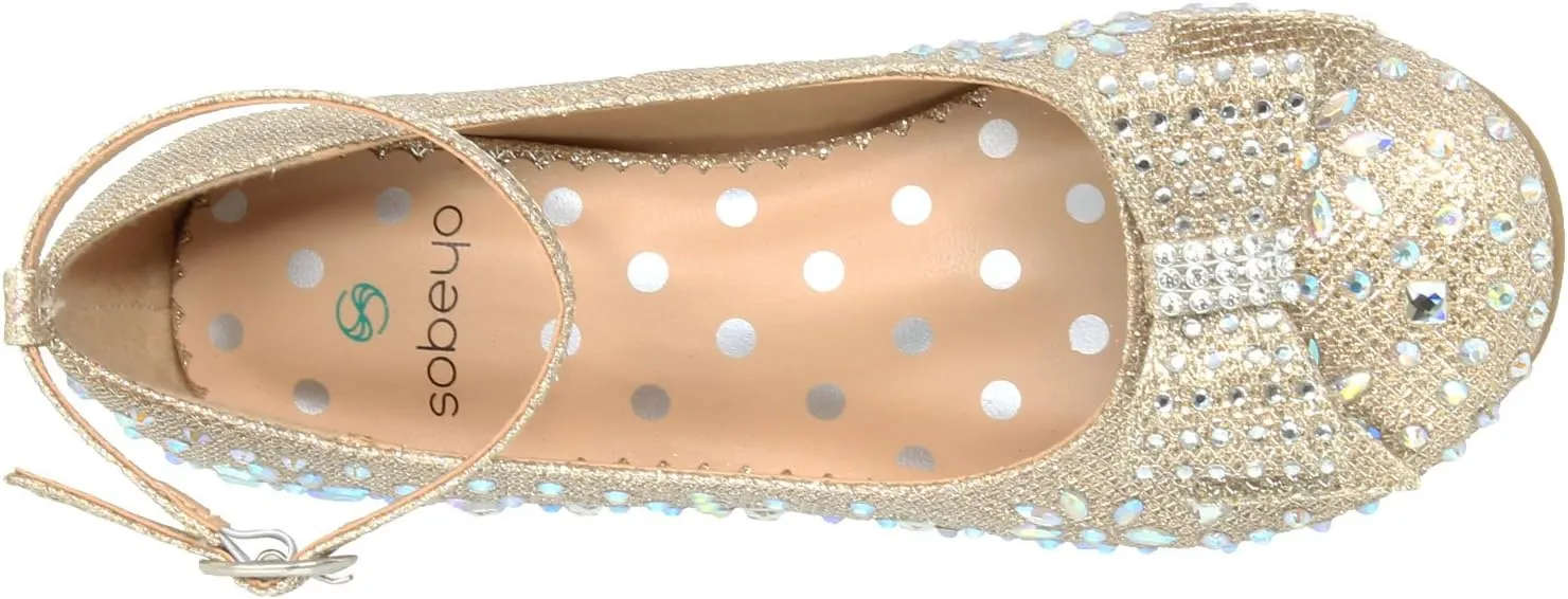 SOBEYO Girl's Dress Shoes Glitter Rhinestone Bow Accent Mary Jane Kids Pumps