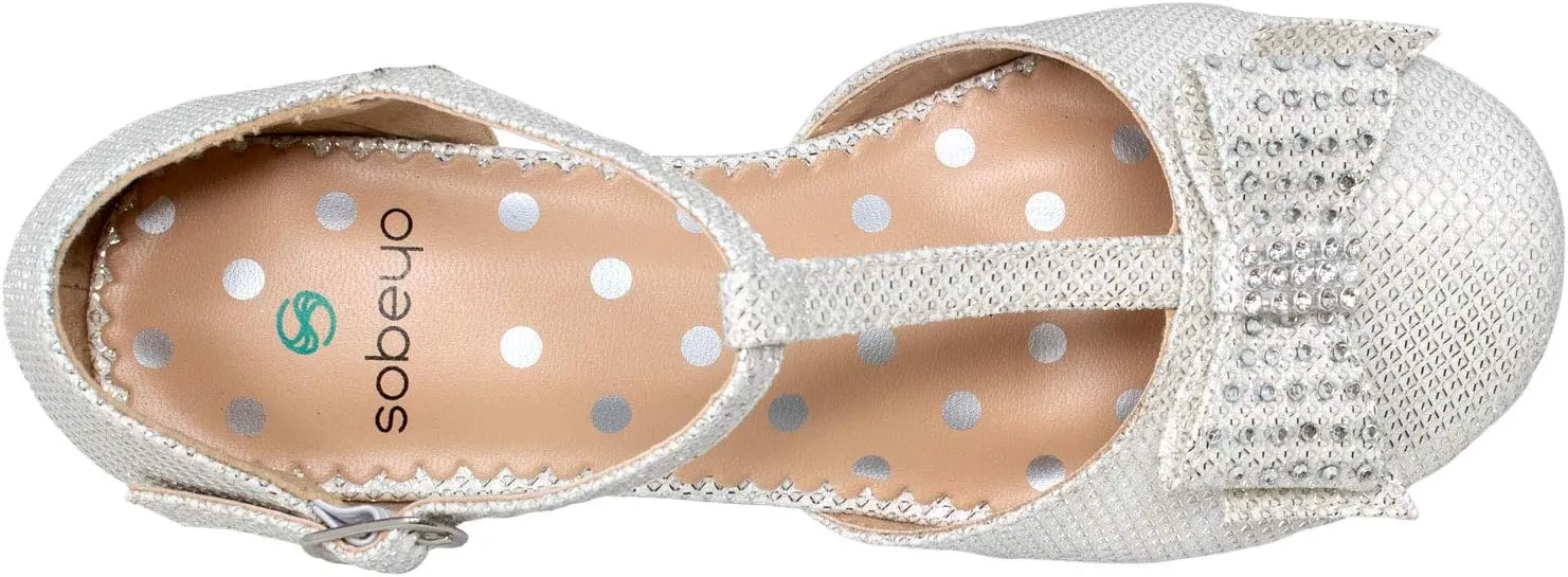 SOBEYO Girls Low Heels Pumps T-Strap Bow Accent Glitter Rhinestone Mary Jane Kids Sandals