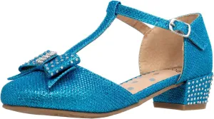 SOBEYO Girls Low Heels Pumps T-Strap Bow Accent Glitter Rhinestone Mary Jane Kids Sandals