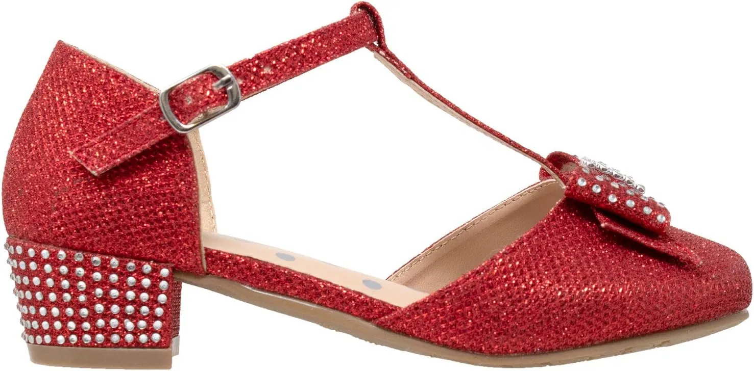 SOBEYO Girls Low Heels Pumps T-Strap Bow Accent Glitter Rhinestone Mary Jane Kids Sandals