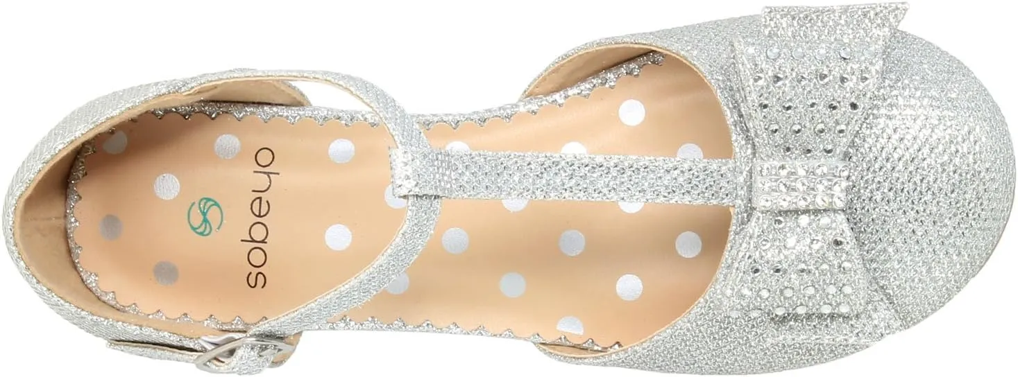 SOBEYO Girls Low Heels Pumps T-Strap Bow Accent Glitter Rhinestone Mary Jane Kids Sandals