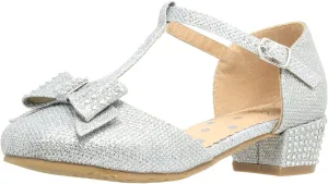SOBEYO Girls Low Heels Pumps T-Strap Bow Accent Glitter Rhinestone Mary Jane Kids Sandals