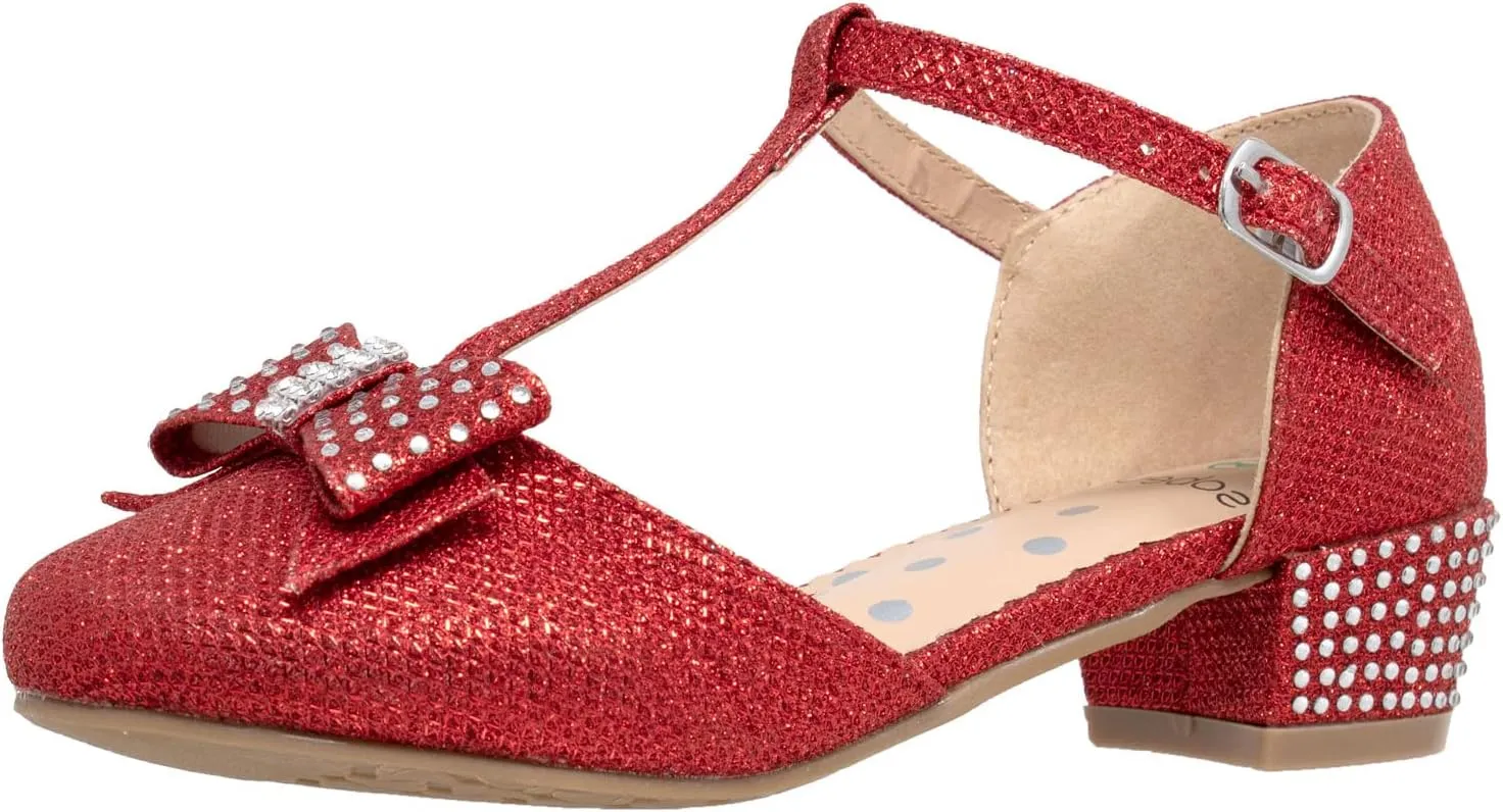 SOBEYO Girls Low Heels Pumps T-Strap Bow Accent Glitter Rhinestone Mary Jane Kids Sandals