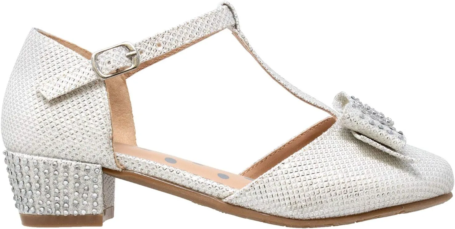 SOBEYO Girls Low Heels Pumps T-Strap Bow Accent Glitter Rhinestone Mary Jane Kids Sandals