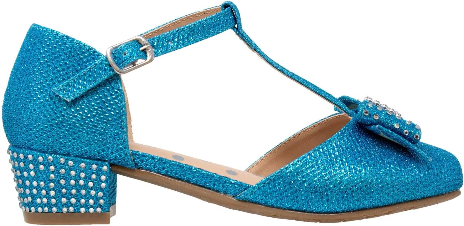 SOBEYO Girls Low Heels Pumps T-Strap Bow Accent Glitter Rhinestone Mary Jane Kids Sandals