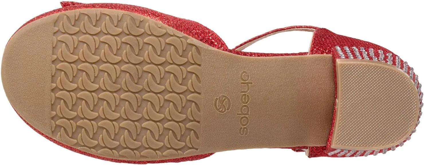 SOBEYO Girls Low Heels Pumps T-Strap Bow Accent Glitter Rhinestone Mary Jane Kids Sandals