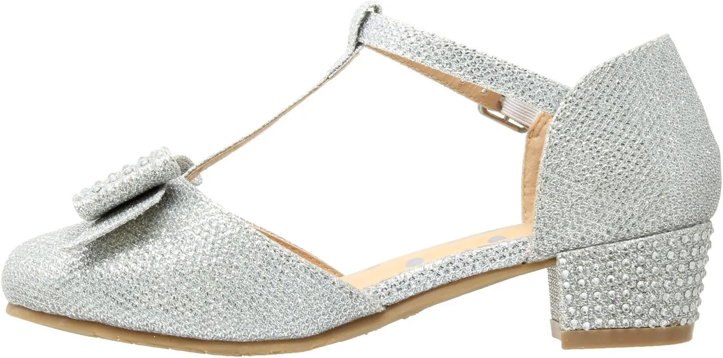 SOBEYO Girls Low Heels Pumps T-Strap Bow Accent Glitter Rhinestone Mary Jane Kids Sandals
