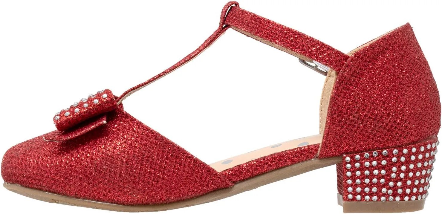 SOBEYO Girls Low Heels Pumps T-Strap Bow Accent Glitter Rhinestone Mary Jane Kids Sandals