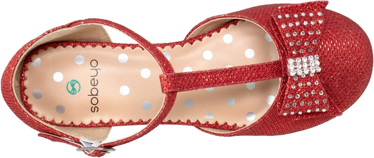 SOBEYO Girls Low Heels Pumps T-Strap Bow Accent Glitter Rhinestone Mary Jane Kids Sandals