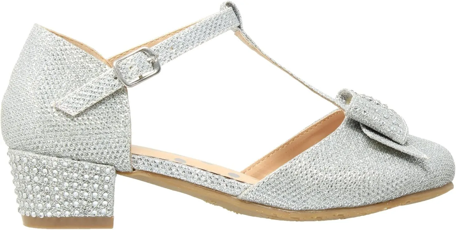 SOBEYO Girls Low Heels Pumps T-Strap Bow Accent Glitter Rhinestone Mary Jane Kids Sandals