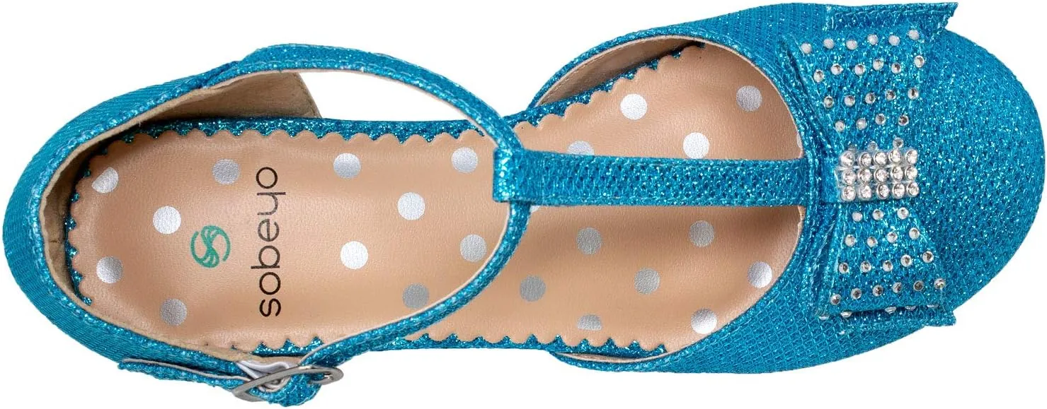 SOBEYO Girls Low Heels Pumps T-Strap Bow Accent Glitter Rhinestone Mary Jane Kids Sandals