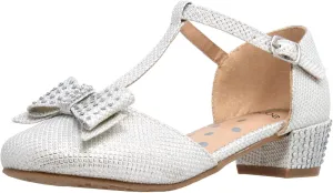 SOBEYO Girls Low Heels Pumps T-Strap Bow Accent Glitter Rhinestone Mary Jane Kids Sandals