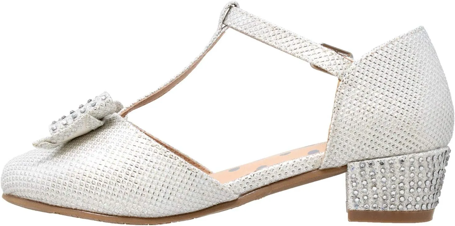 SOBEYO Girls Low Heels Pumps T-Strap Bow Accent Glitter Rhinestone Mary Jane Kids Sandals