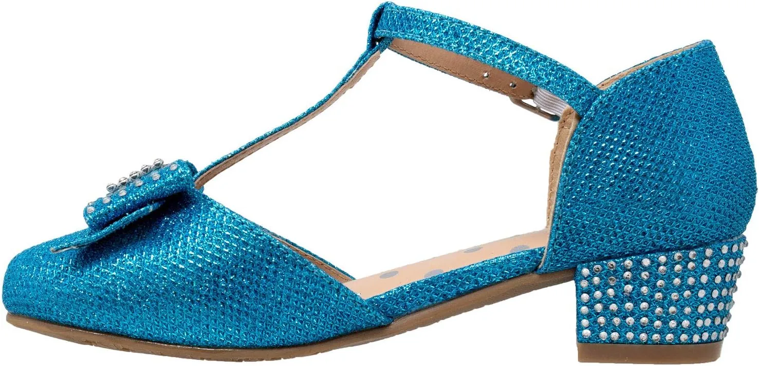 SOBEYO Girls Low Heels Pumps T-Strap Bow Accent Glitter Rhinestone Mary Jane Kids Sandals