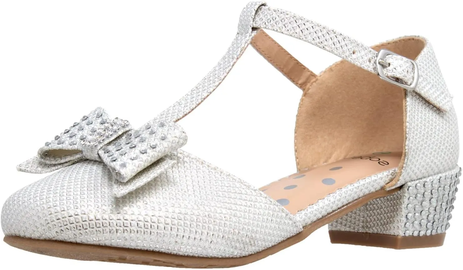 SOBEYO Girls Low Heels Pumps T-Strap Bow Accent Glitter Rhinestone Mary Jane Kids Sandals