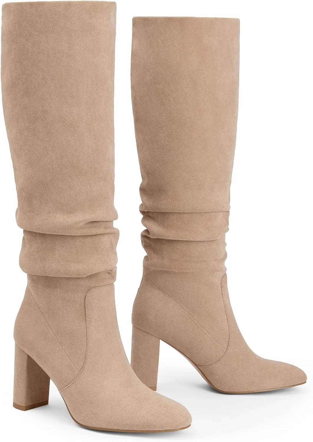 Soft Slouchy Knee High Boots Chunky Heel Slip On Vegan Suede Dress Boots Wide Shaft Relaxed Fit