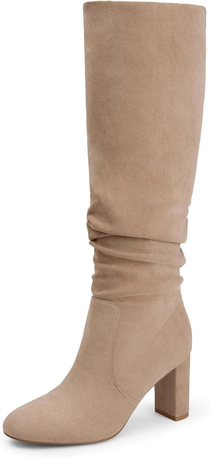 Soft Slouchy Knee High Boots Chunky Heel Slip On Vegan Suede Dress Boots Wide Shaft Relaxed Fit