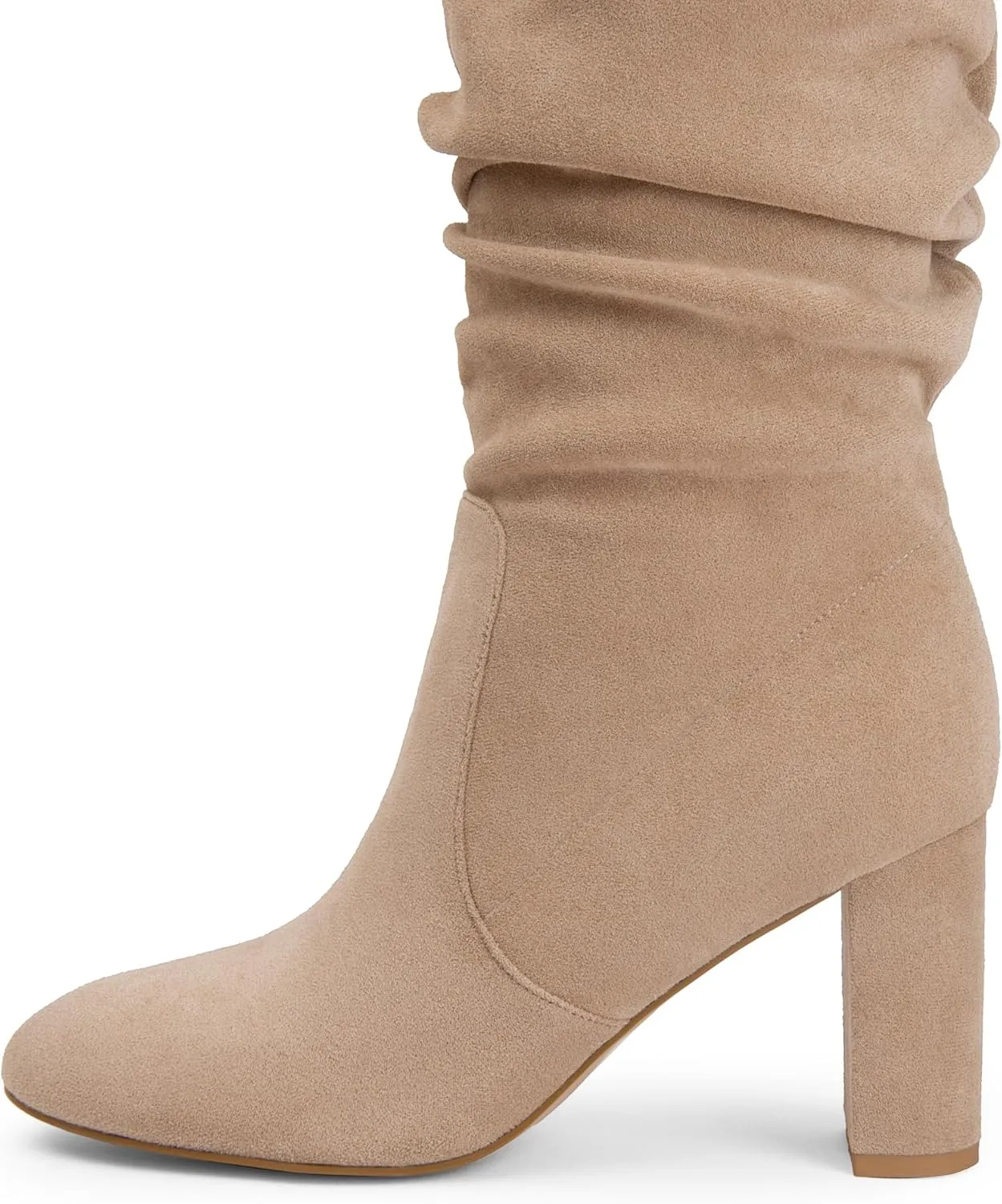 Soft Slouchy Knee High Boots Chunky Heel Slip On Vegan Suede Dress Boots Wide Shaft Relaxed Fit