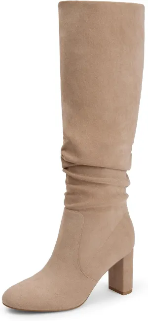 Soft Slouchy Knee High Boots Chunky Heel Slip On Vegan Suede Dress Boots Wide Shaft Relaxed Fit