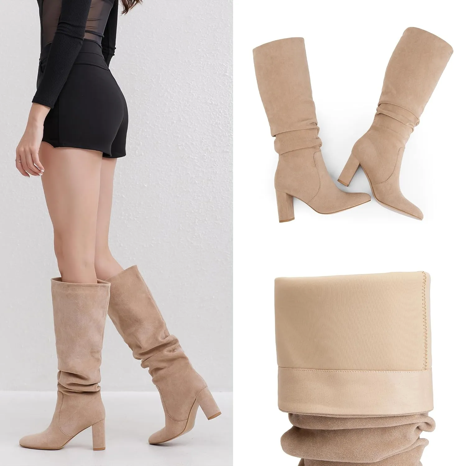 Soft Slouchy Knee High Boots Chunky Heel Slip On Vegan Suede Dress Boots Wide Shaft Relaxed Fit