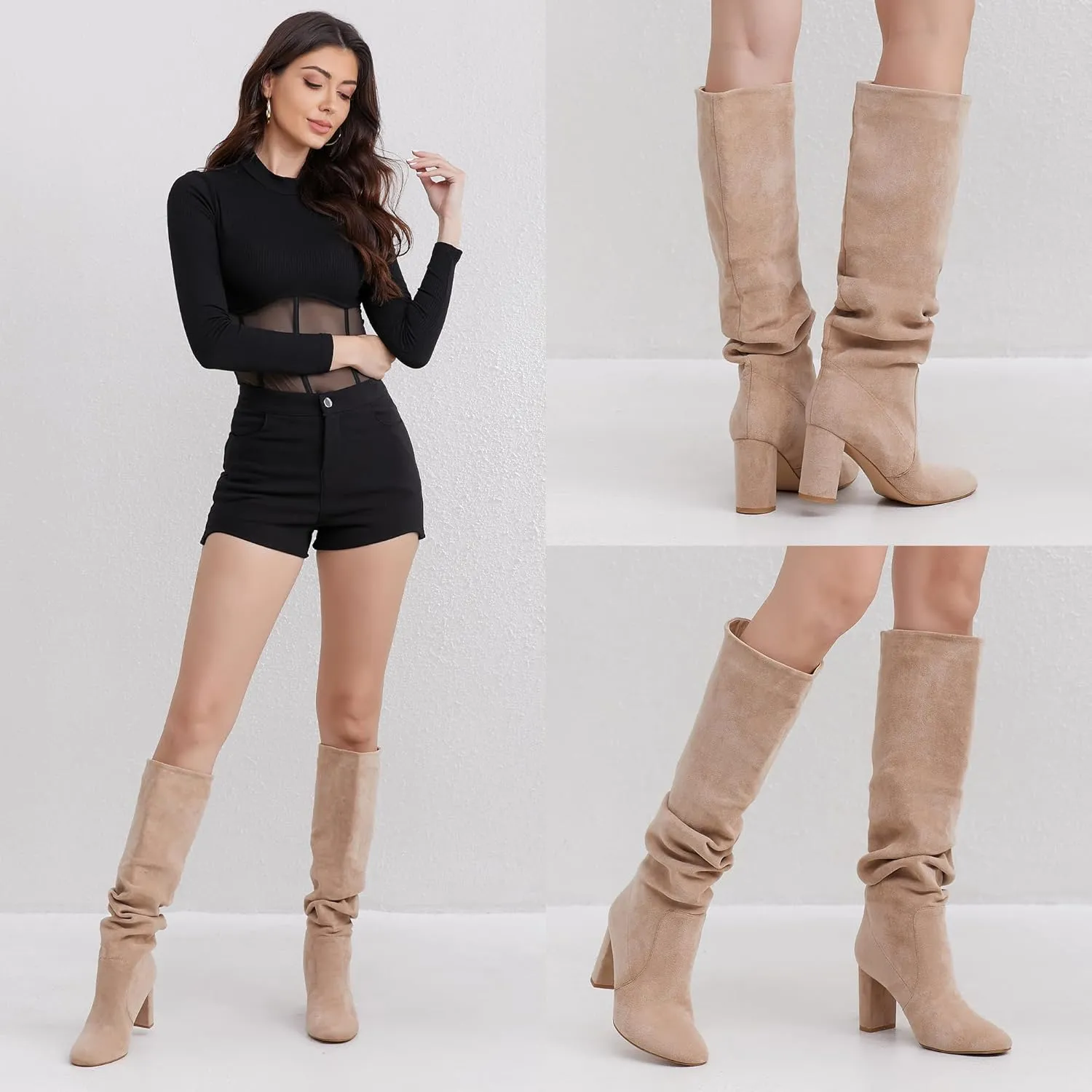 Soft Slouchy Knee High Boots Chunky Heel Slip On Vegan Suede Dress Boots Wide Shaft Relaxed Fit