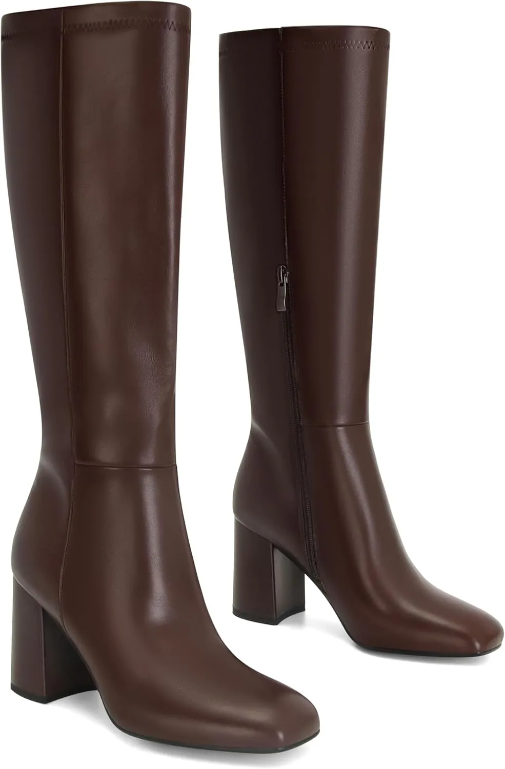 SOVANYOU Women's Faux Leather Tall Boots Fashion Square Toe Chunky Heel Knee High Boots with Side Zip